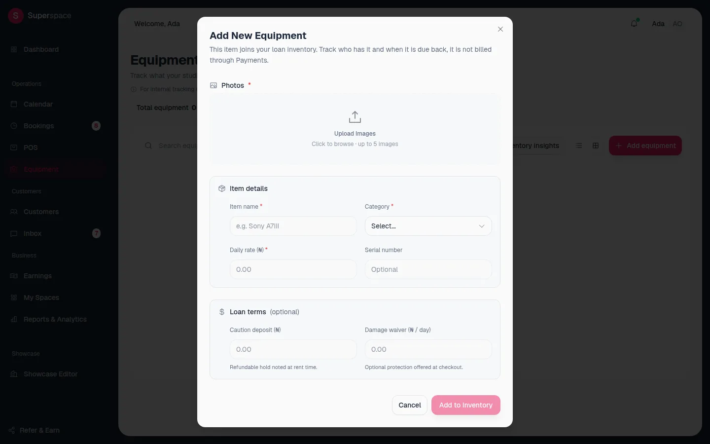 The Add New Equipment dialog with image upload, item name, category, daily rate, serial number and optional loan terms