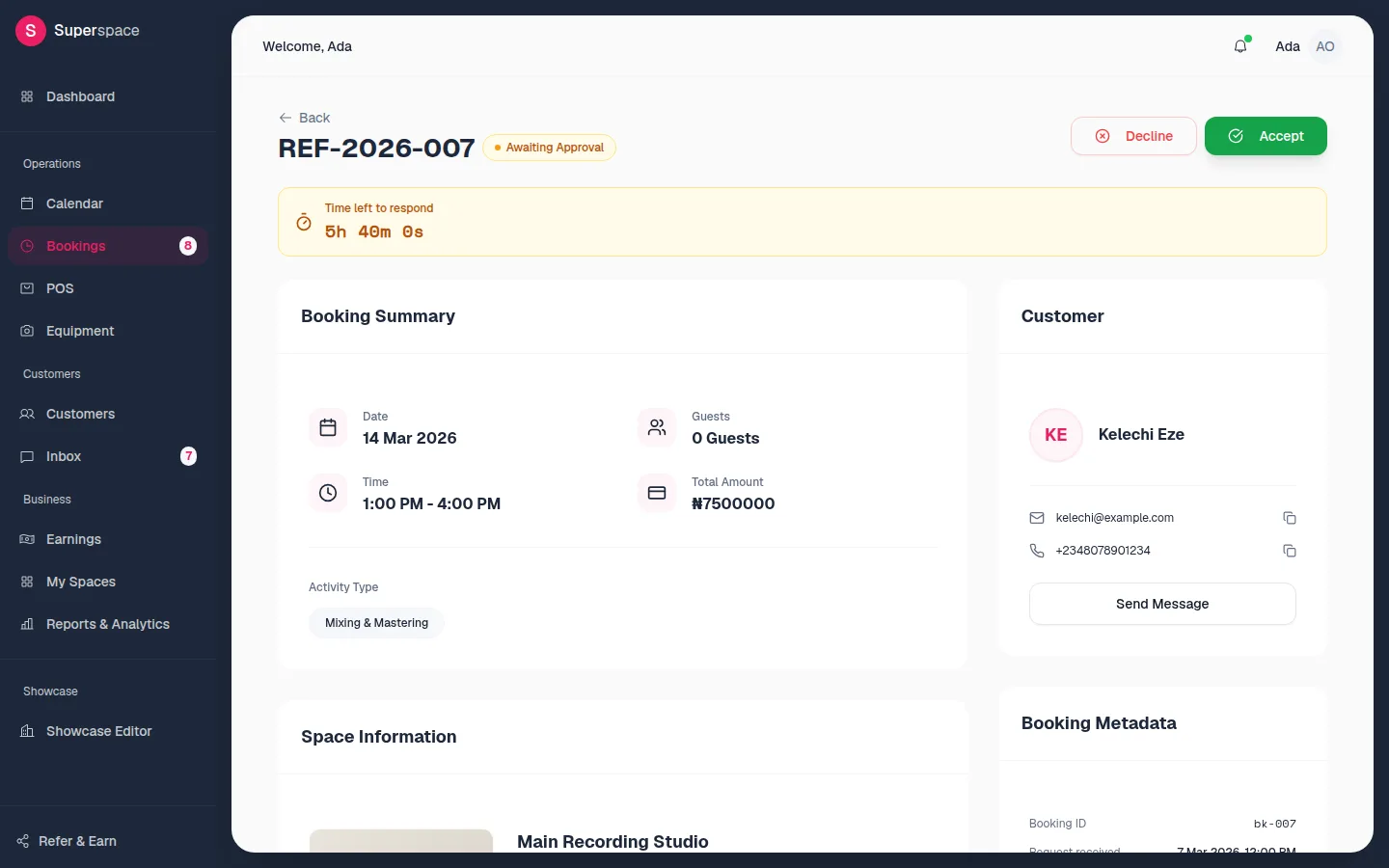 A booking request showing a Time left to respond countdown of 5 hours 40 minutes