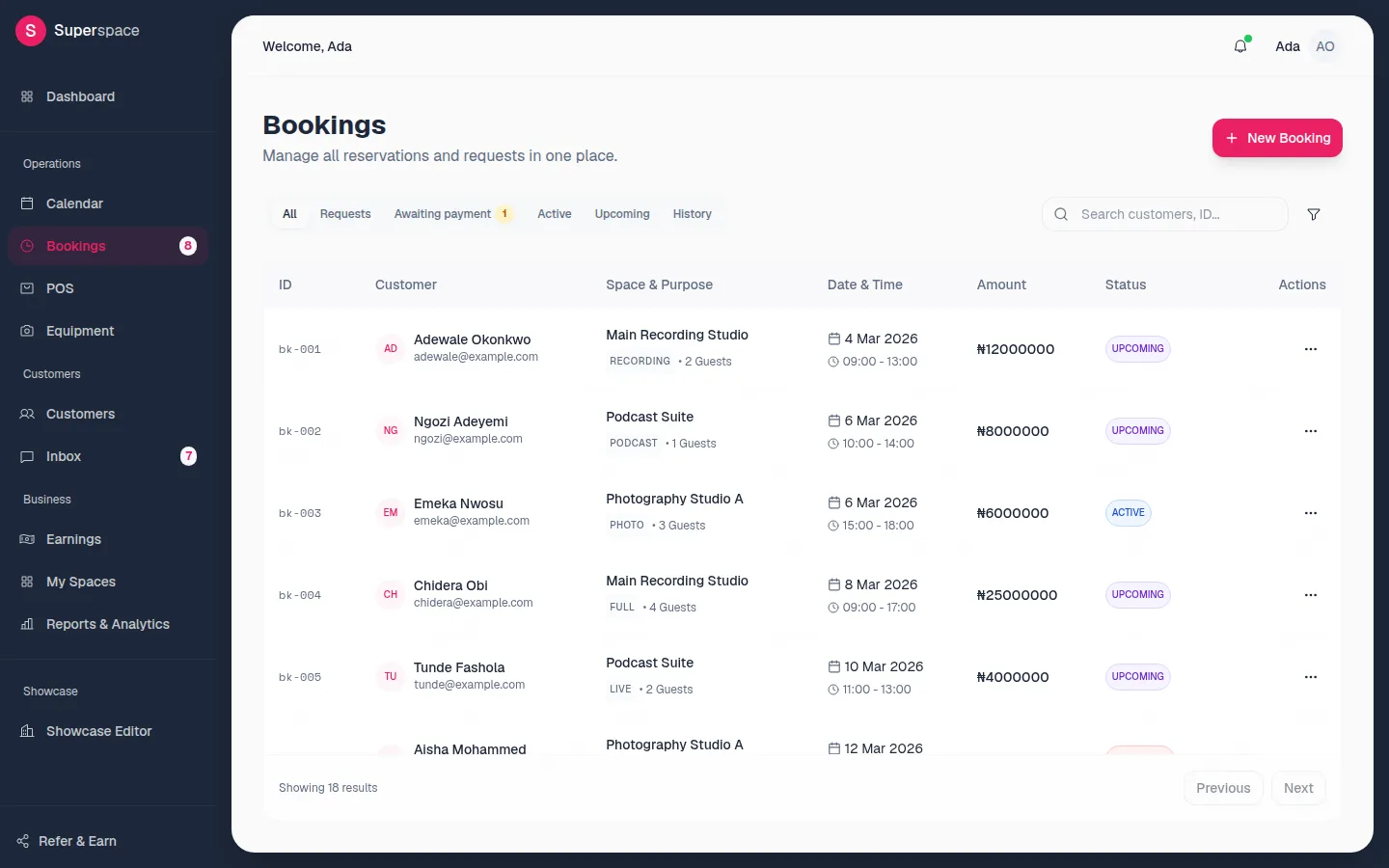 The Bookings page with tabs for All, Requests, Awaiting payment, Active, Upcoming and History, and a table of bookings with status labels