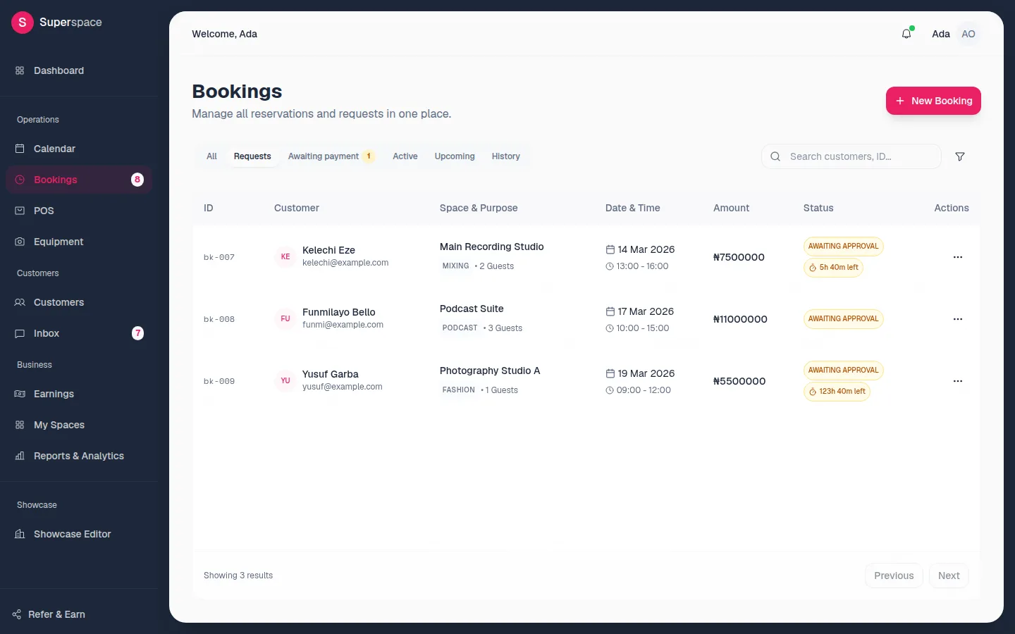 The Requests tab of the Bookings page listing booking requests awaiting approval with time left to respond