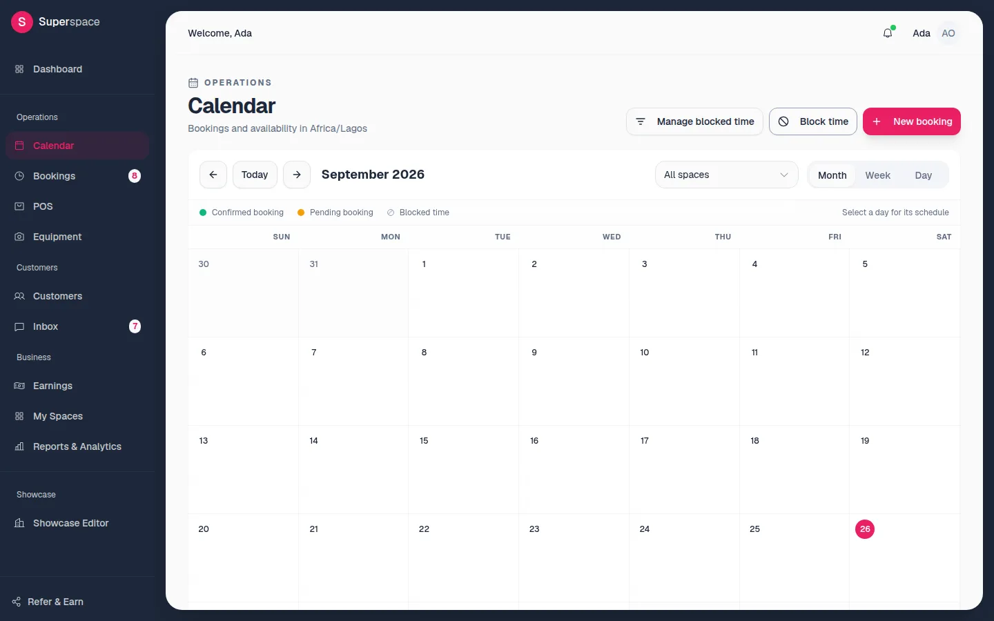 The Calendar in month view with Manage blocked time, Block time and New booking buttons, a space filter and Month, Week and Day views