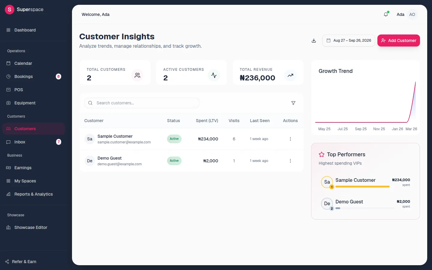 The Customer Insights page with Total Customers, Active Customers and Total Revenue, the customer table, Growth Trend and Top Performers
