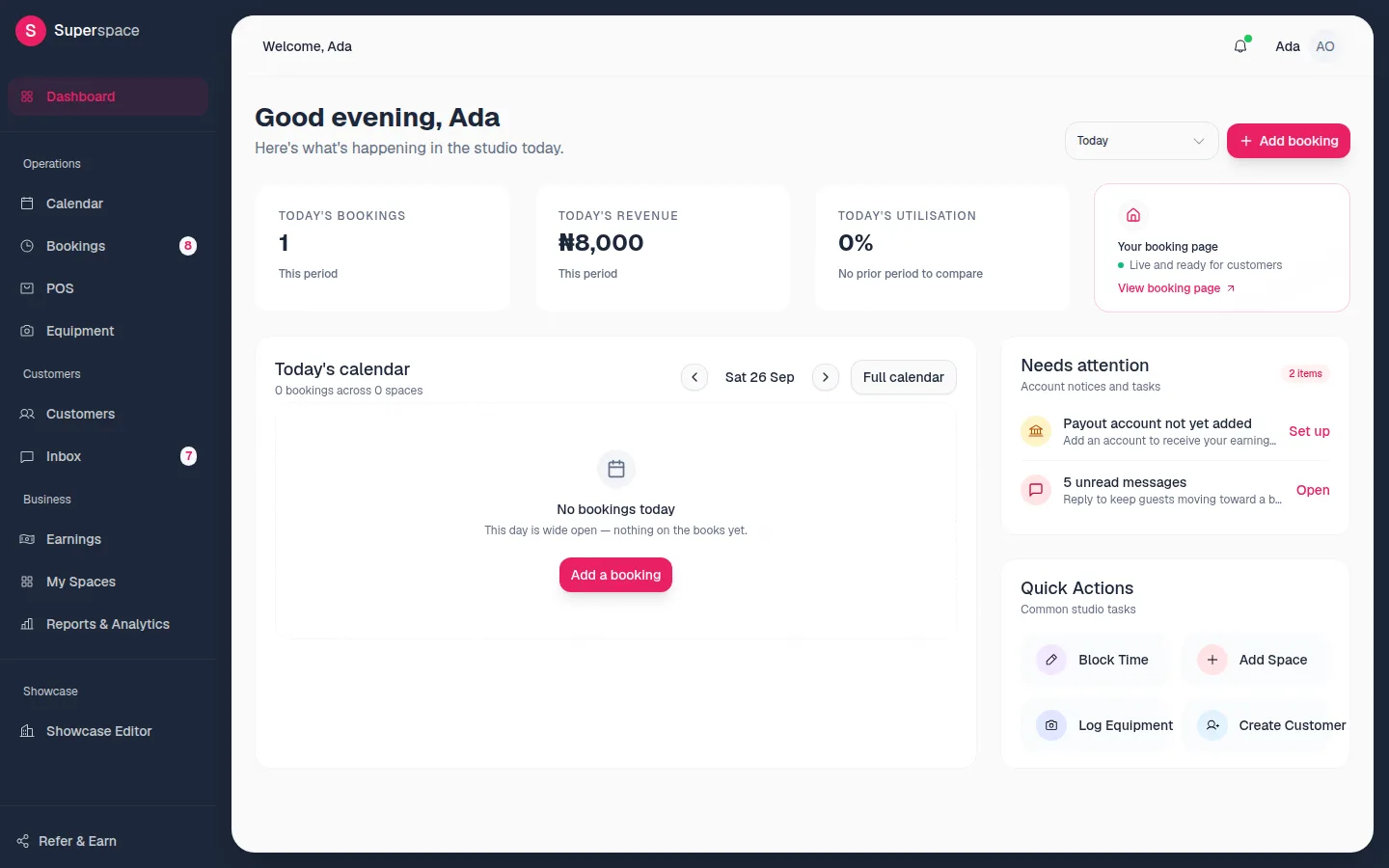 A live studio dashboard showing today's bookings, revenue and utilisation, Today's calendar, Needs attention and Quick Actions