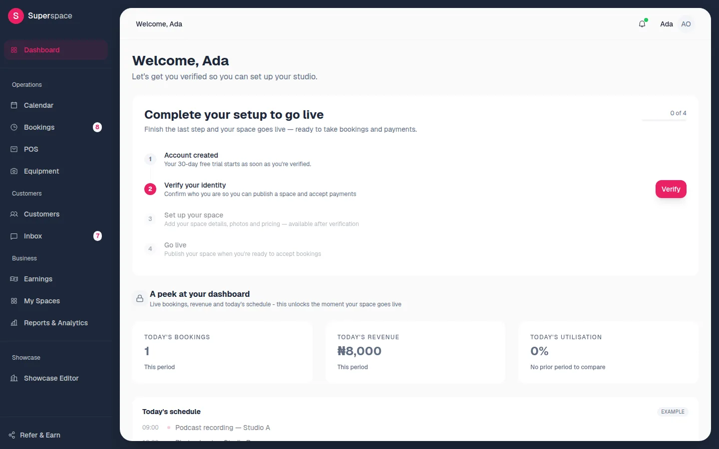 The Superspace dashboard for a new studio, showing the Complete your setup to go live tracker with the Verify button next to Verify your identity