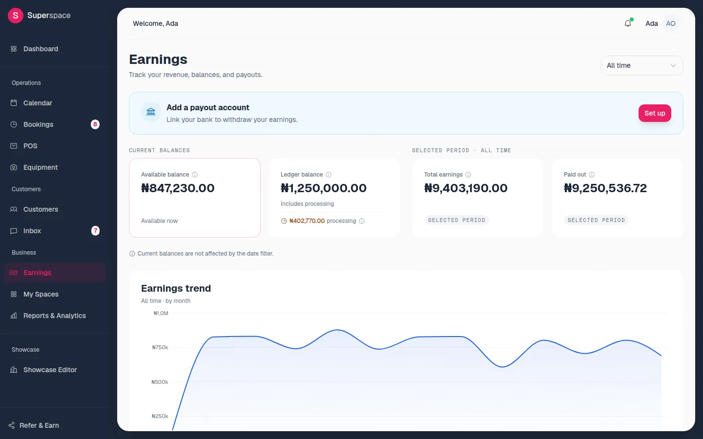 The Earnings page with an Add a payout account prompt, Available balance, Ledger balance, Total earnings, Paid out and the Earnings trend chart