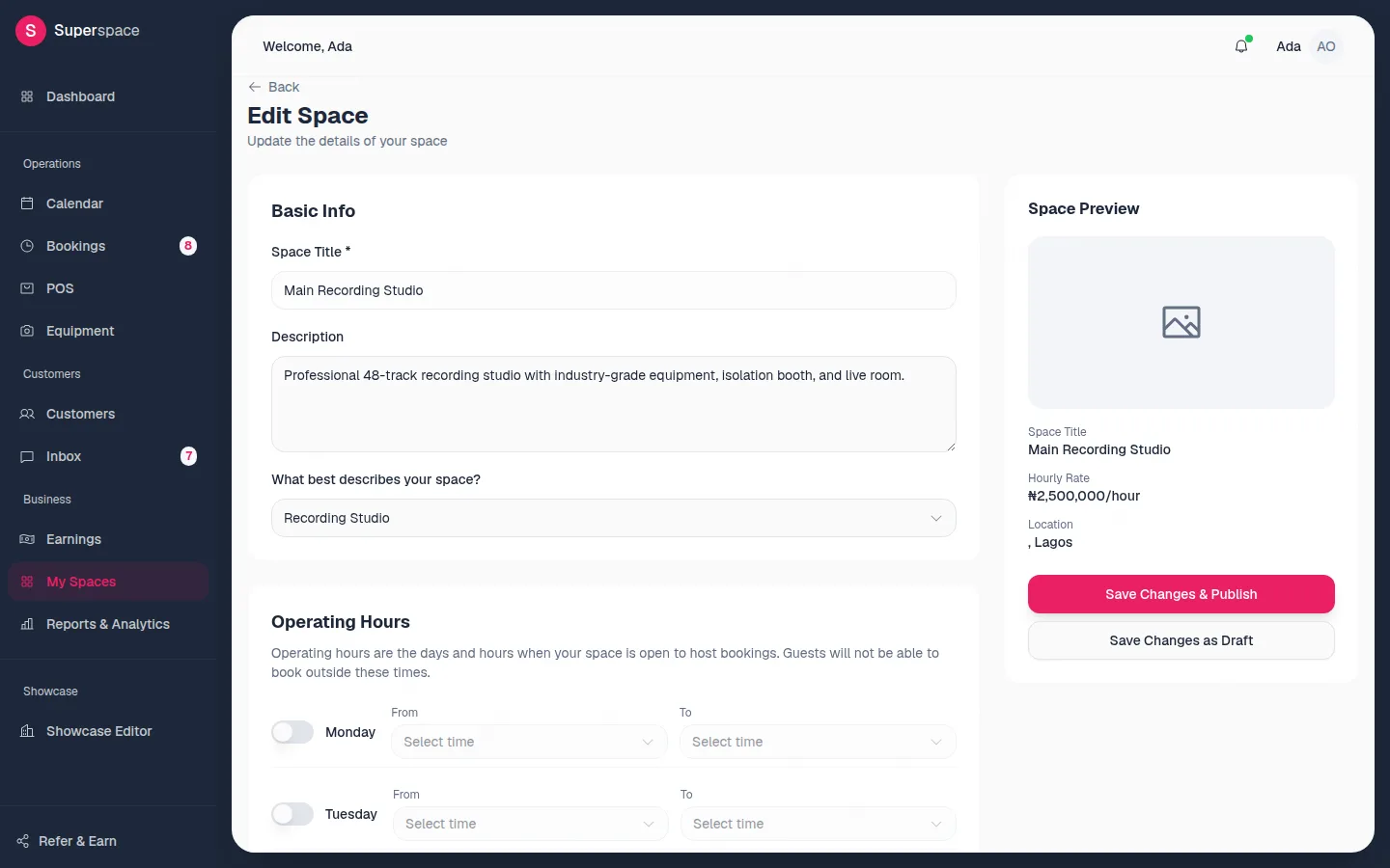 The Edit Space page showing Basic Info, Operating Hours and the Space Preview panel with Save Changes & Publish and Save Changes as Draft buttons