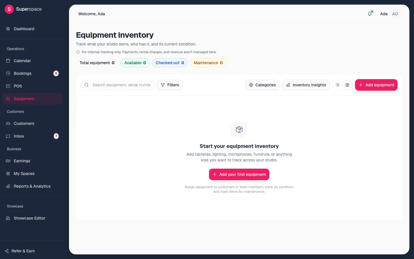 The Equipment inventory page with summary counts, search and filters, Categories, Inventory insights and Add equipment buttons