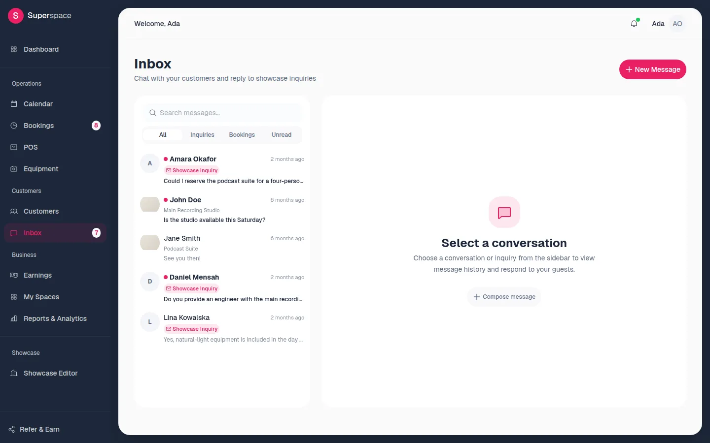 The Inbox with conversation tabs All, Inquiries, Bookings and Unread, a list of conversations and a New Message button