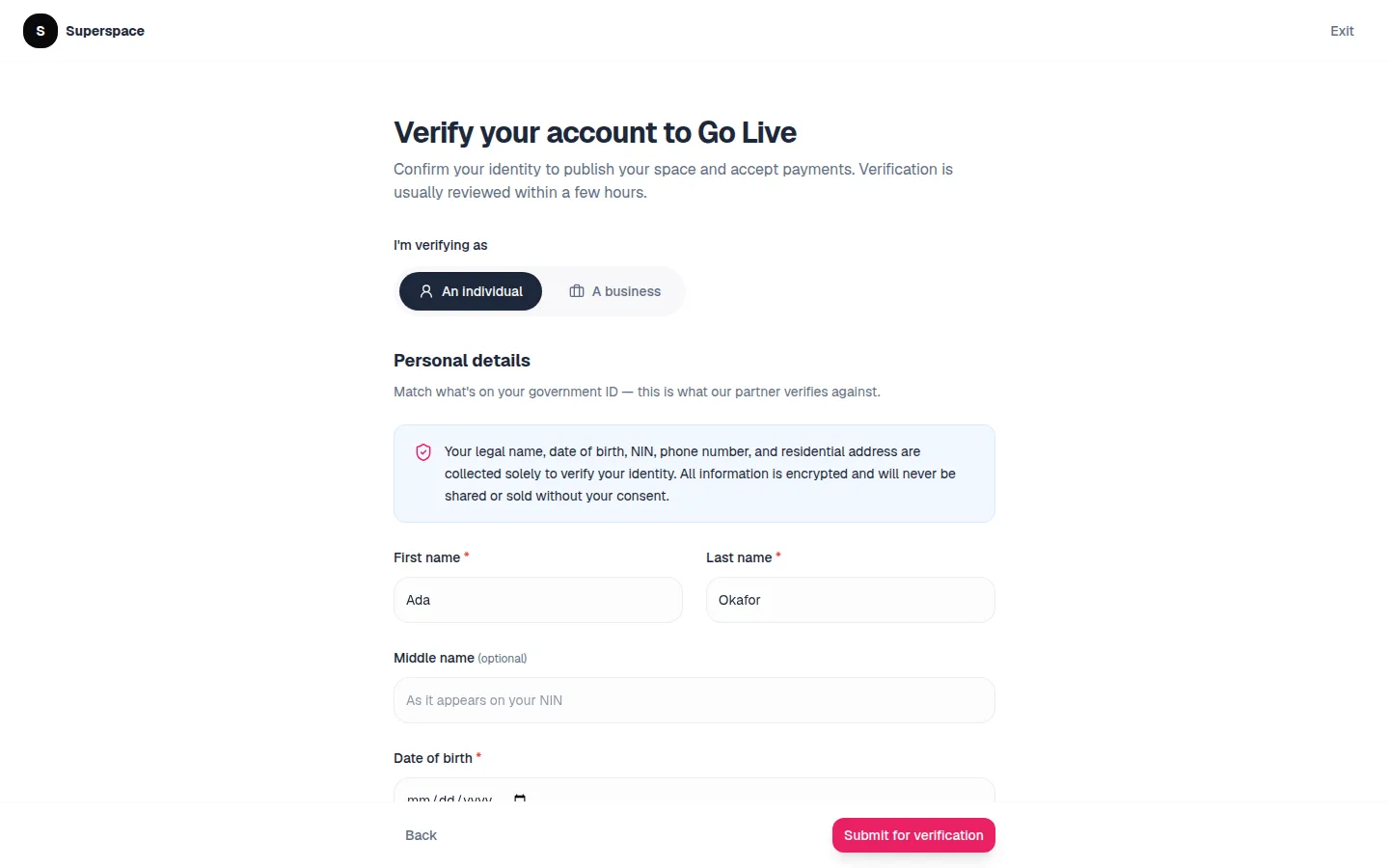 The Verify your account to Go Live form with the I'm verifying as choice, a privacy notice and personal details fields