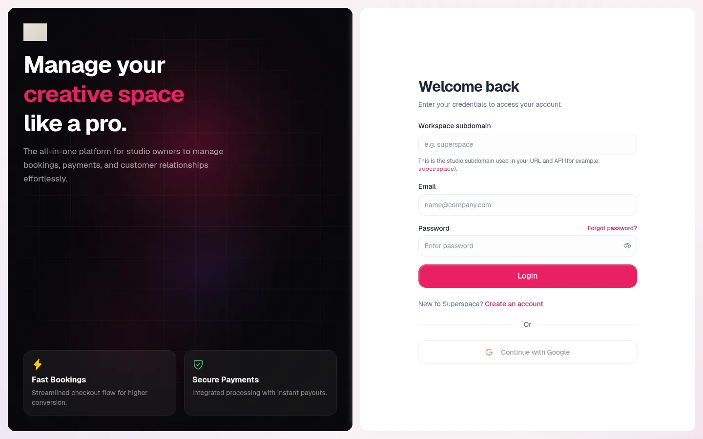 The Superspace sign-in page with Workspace subdomain, Email and Password fields
