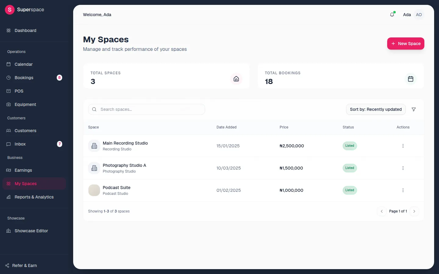 The My Spaces page with Total Spaces and Total Bookings cards, a search field, sort and filter controls and the spaces table