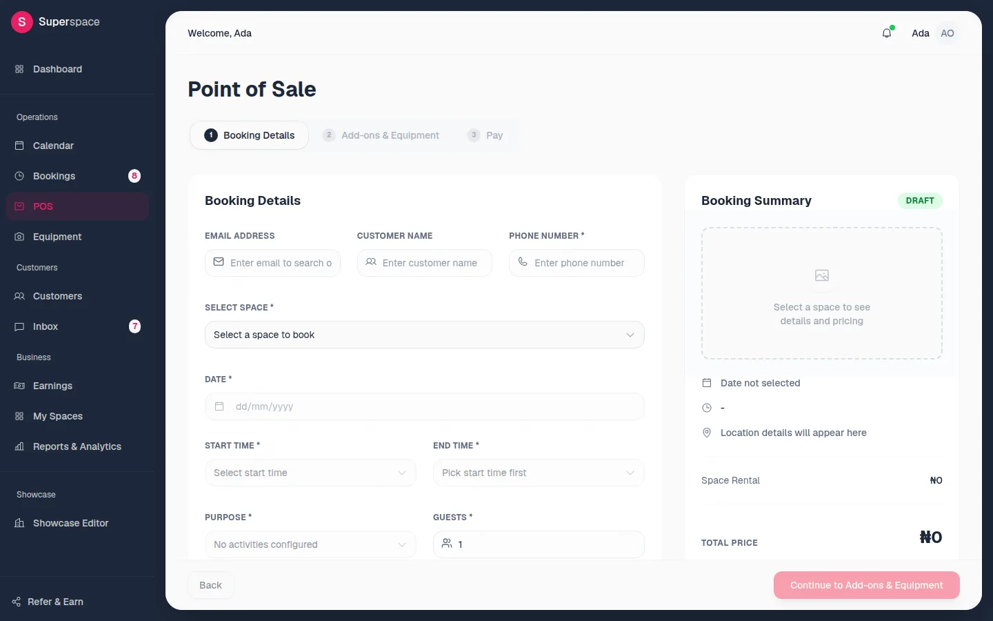The Point of Sale screen showing the three steps Booking Details, Add-ons & Equipment and Pay