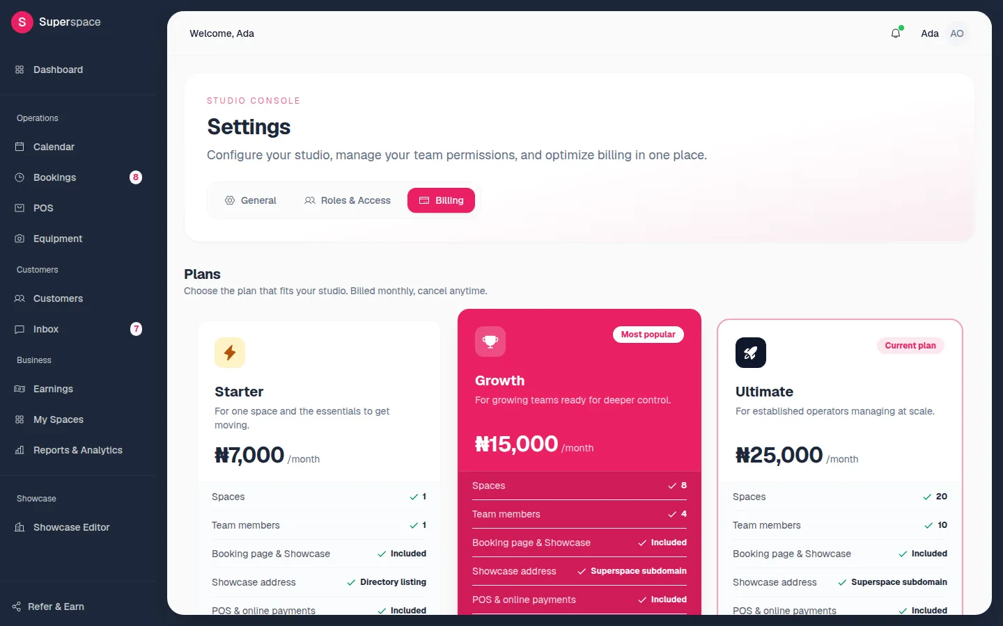 The Billing settings page showing the Starter, Growth and Ultimate plan cards