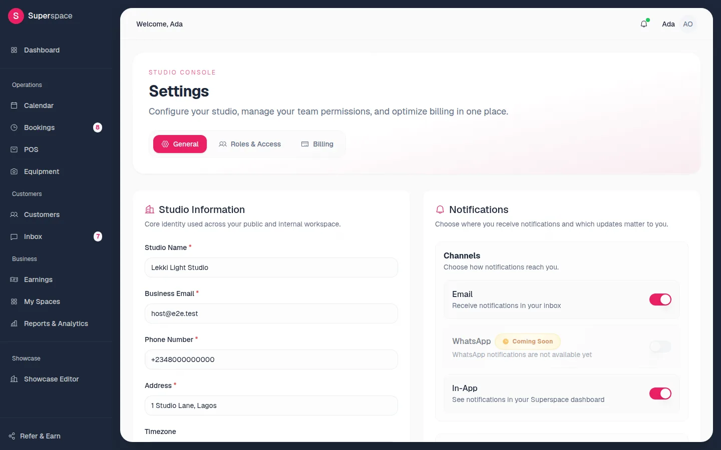 Settings General page with Studio Information fields and the Notifications channels and content switches