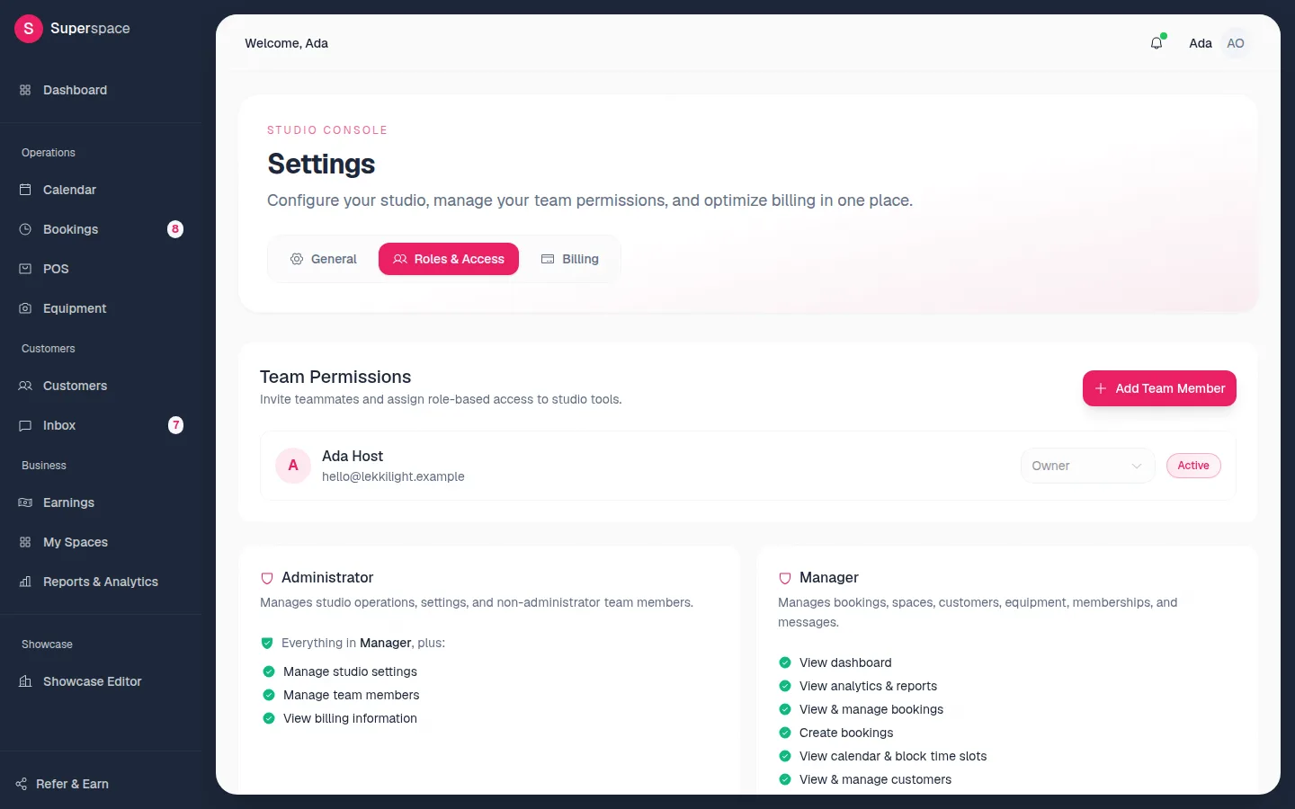The Roles & Access settings page with the Team Permissions list, an Add Team Member button and the role catalog