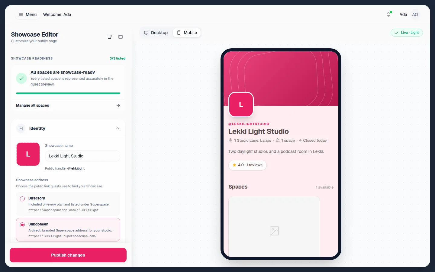 The Showcase Editor with Showcase readiness and Identity settings on the left, a Publish changes button and a mobile preview of the Showcase on the right
