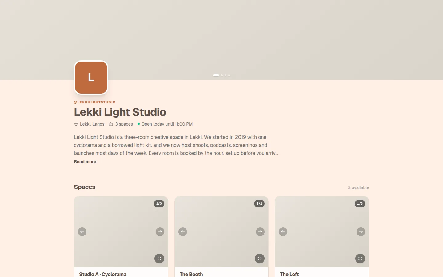 A public Showcase page with the studio's name, bio and spaces