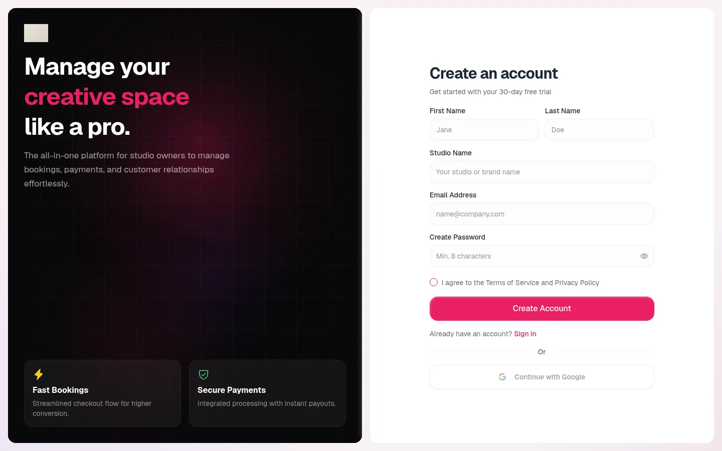 The Superspace Create an account form with fields for first and last name, studio name, email address and password