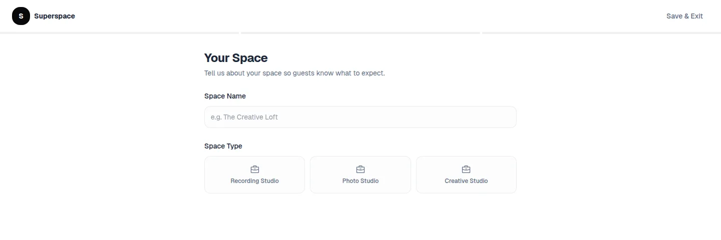 The Your Space step with a Space Name field and Space Type options